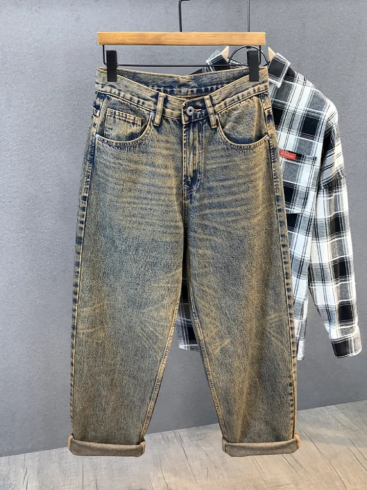 Jeans da Uomo Stile Americano, Resistenti, Effetto Vintage Lavato, Gamba Dritta e Larga, Pantaloni Casual Lunghi, Tendenza Giovanile, Misto Cotone e Poliestere