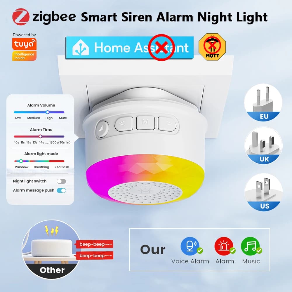 Sirena d'Allarme Intelligente Tuya Zigbee, 105dB, 4 Modalità di Luce, Luce Notturna Plug-in, App Smart Life (Hub Zigbee Richiesto)