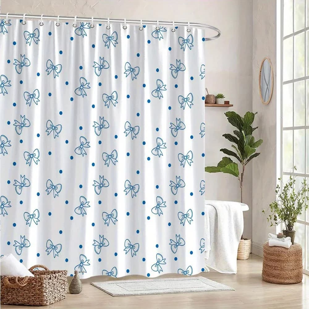 Tenda da doccia con fiocco blu e pois - Design disegnato a mano, stile minimalista, 12 ganci, poliestere lavabile, arredamento per il bagno multi-dimensione