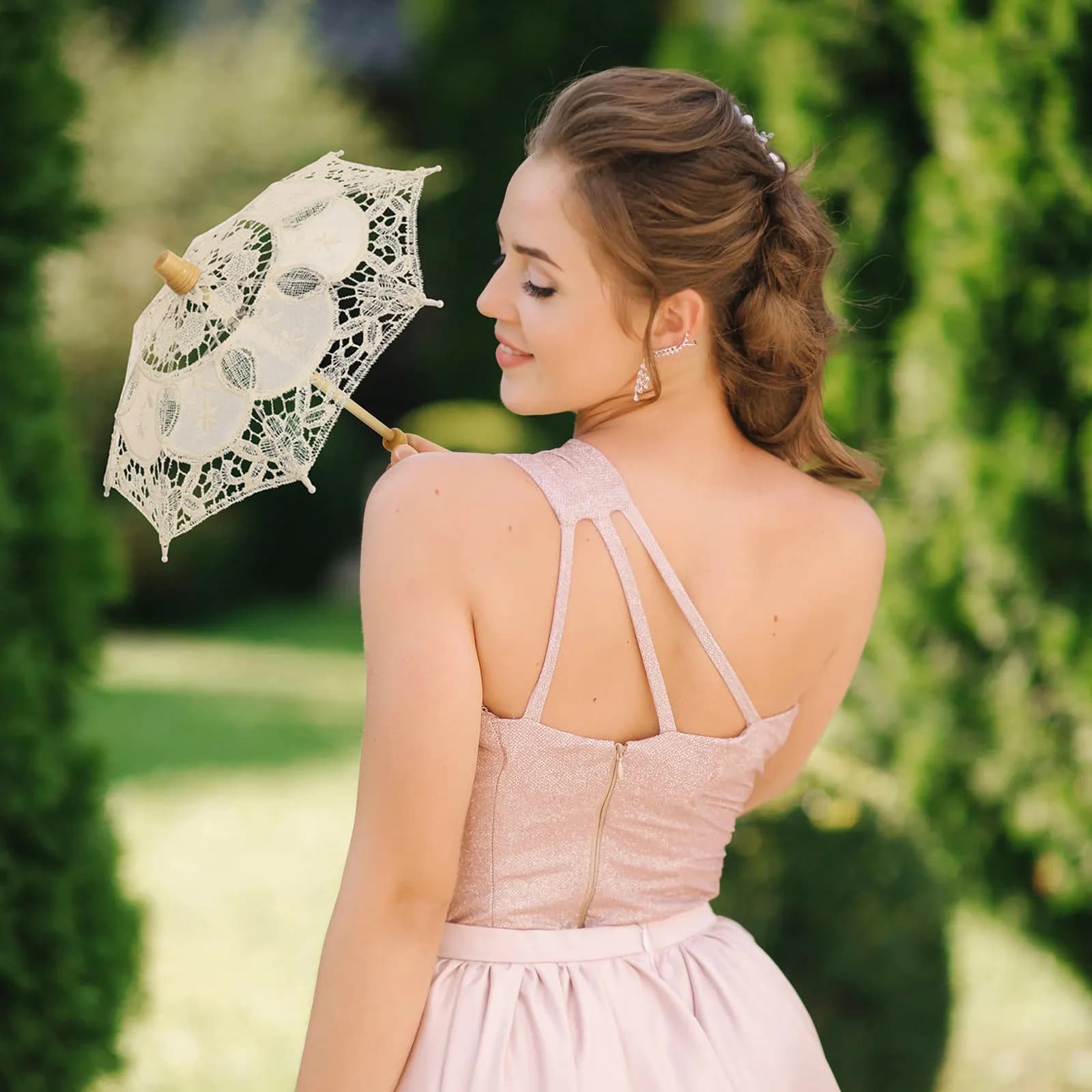 Elegante Ombrello in Pizzo per Fotografia Nuziale, Parasole da Sposa Stiloso, Ombrello Bianco Ricamato, Ornamento per Tea Party e Travestimenti