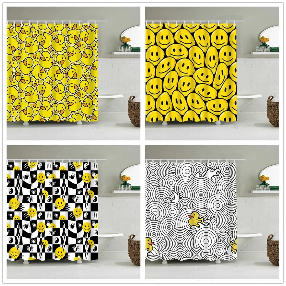 Simpatico piccolo anatra gialla tenda da doccia cartone animato divertente faccina sorridente bagno impermeabile tessuto anatra da bagno 12 ganci arredamento bagno