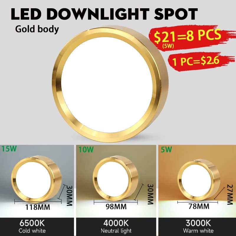 Plafoniera a LED dorata Faretto da incasso a LED 10W 15W 25W Faretti da incasso a montaggio superficiale Faretto sottile per faretti da soggiorno Soffitto