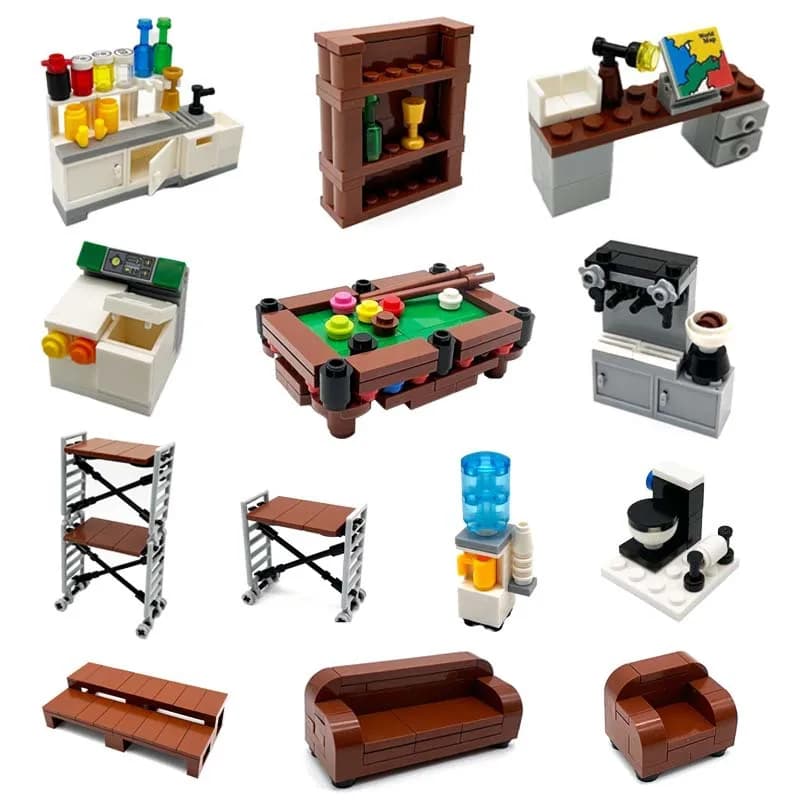 Modern city furniture set with table, washing machine, coffee maker, plastic toys and building blocks for children