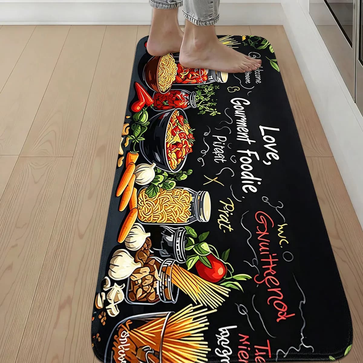 A Flannel Kitchen Floor Mat with a Gourmet Pasta Theme, Non-Slip and Water-Absorbent, Stain-Resistant and Easy to Clean, Long Strip Mat