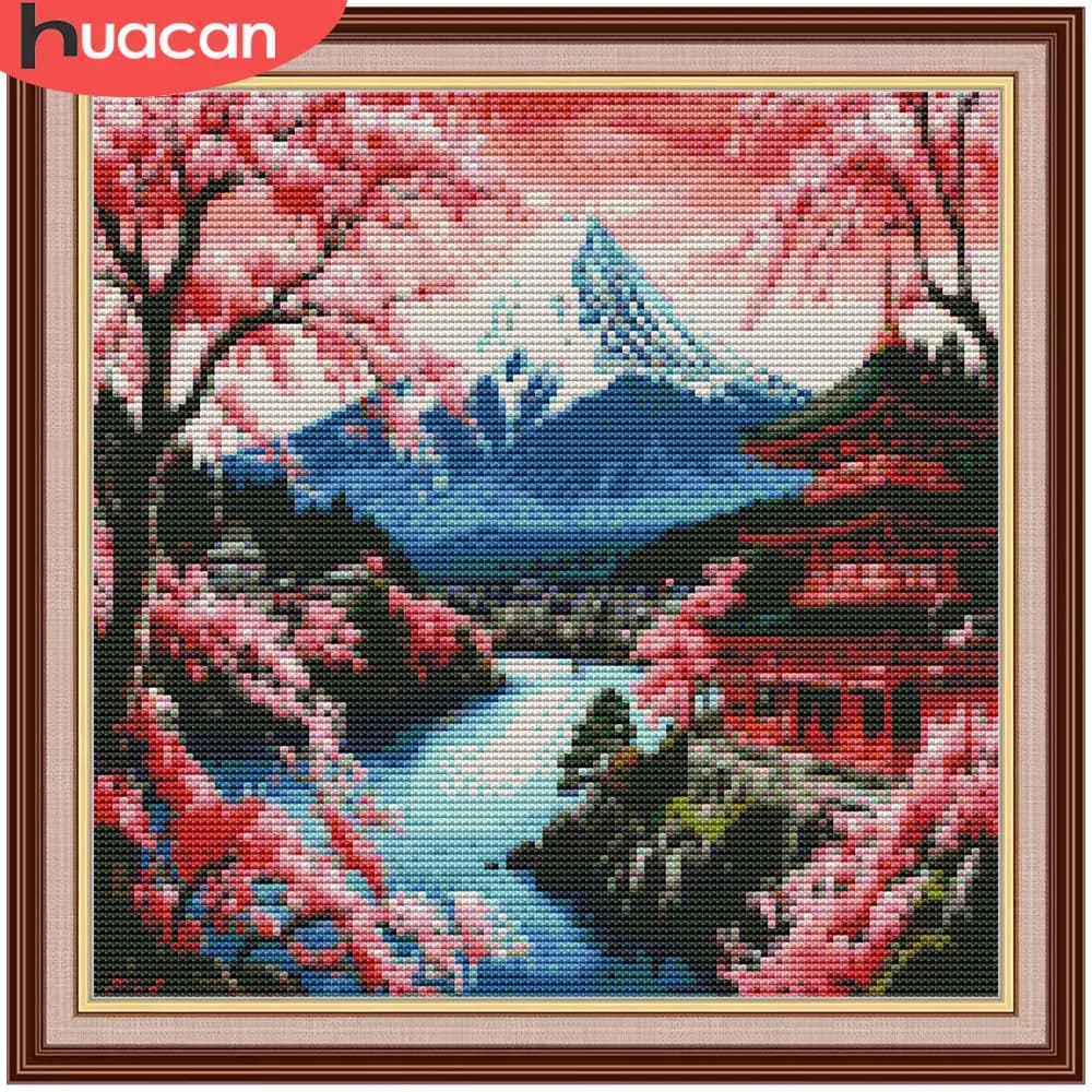 Kit per Punto Croce Stampato HUACAN, Paesaggio Montano con Vulcano, Hobby Creativi, Ricamo Casa, Fiori di Ciliegio, 11CT, Cucito a Mano
