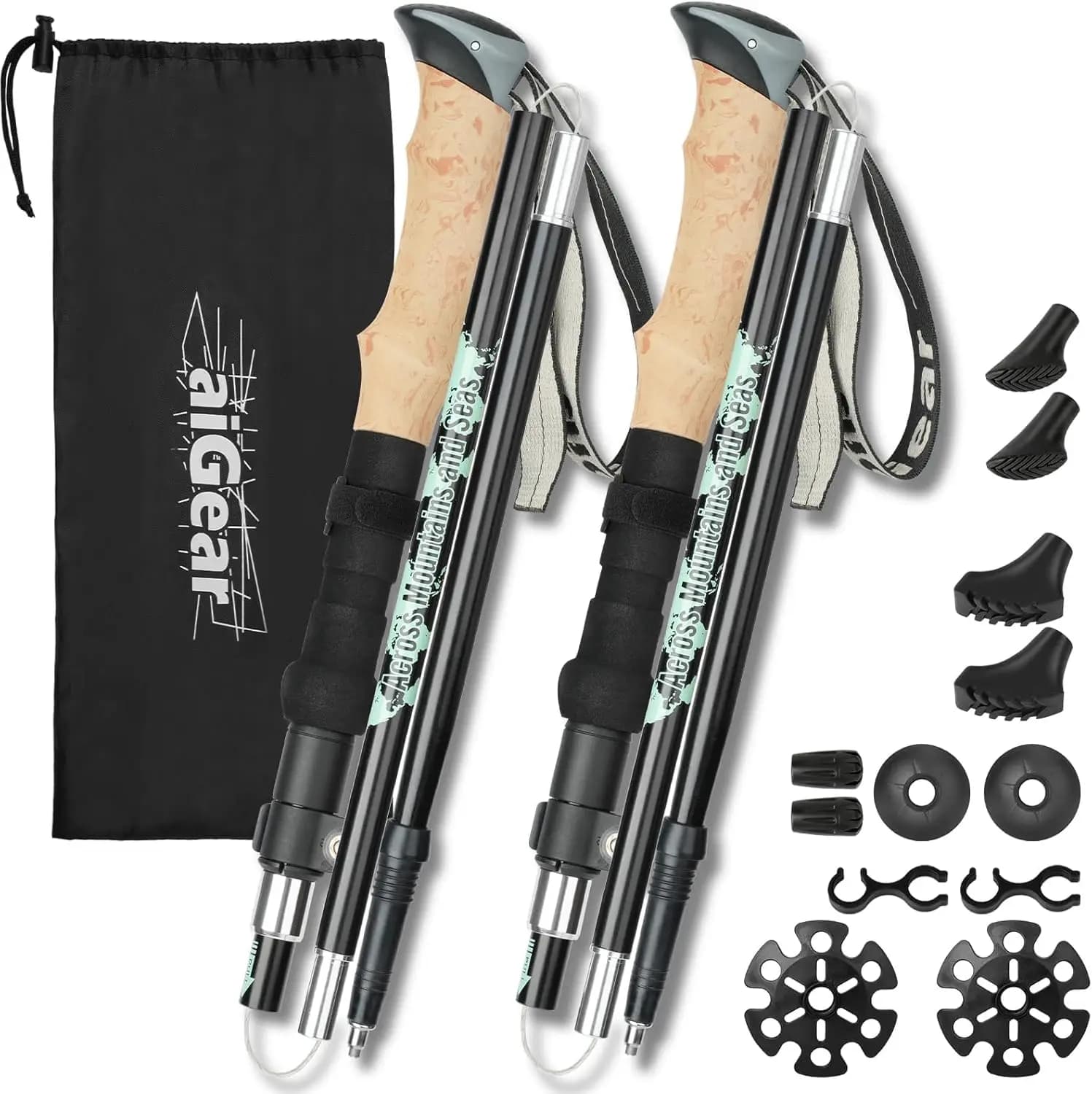 Pack of 2 adjustable trek sticks, 7075 light aluminum with EVA grips and fast block, 4 tips for hiking