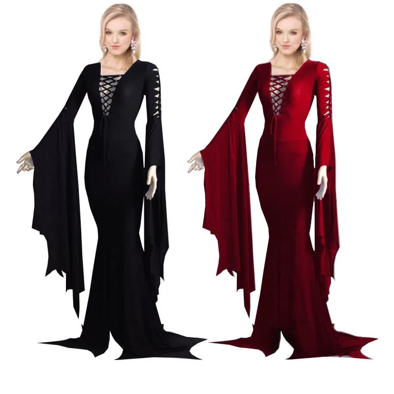 Women's Performance Dresses round Neck Long Skirts Black And Red Halloween Costumes Cross-Border Clean Fit Cotton Puffy Skirts