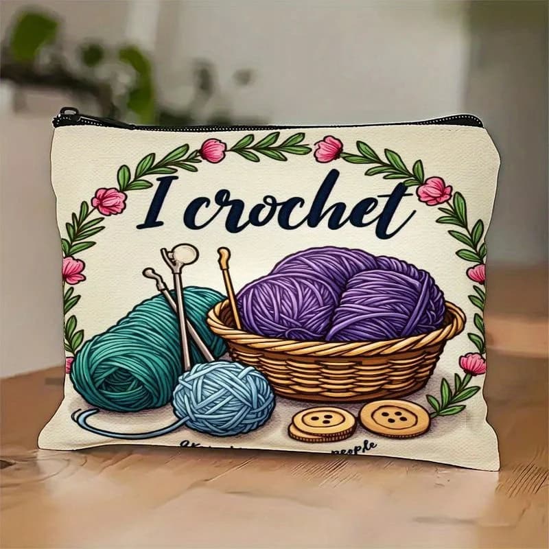 Una borsa per il trucco con design in filato e ago lavorato a maglia: simpatica borsa multifunzionale con cerniera per donna, borsa per riporre gioielli