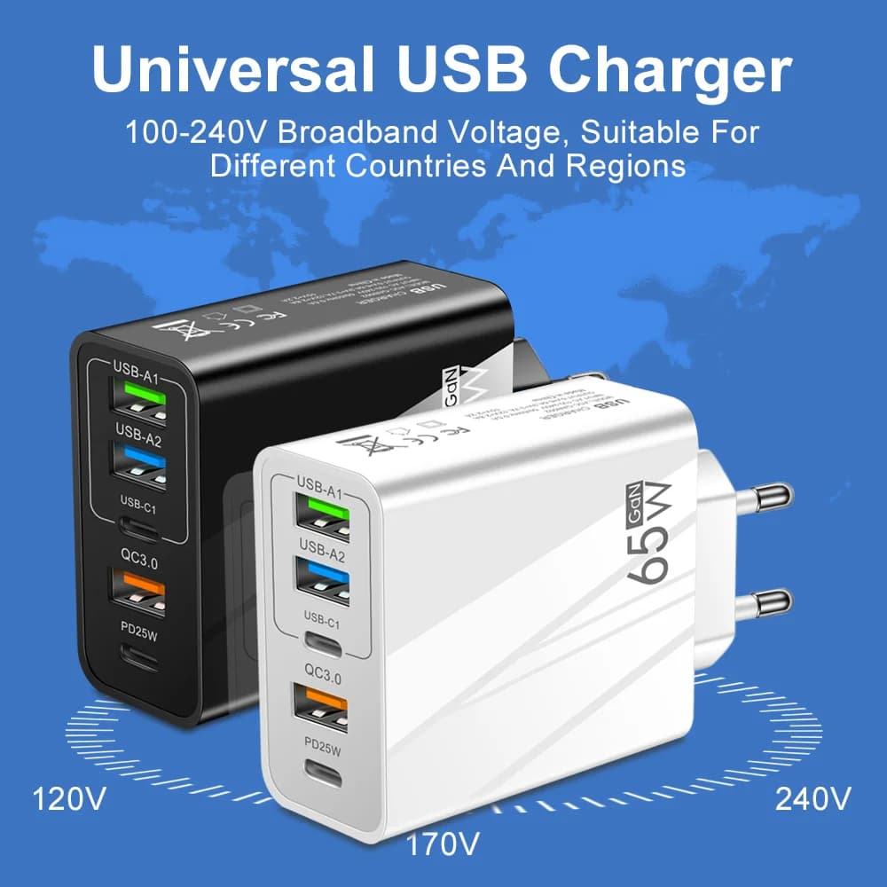Caricatore USB 65W a 5 porte, caricatore da viaggio per cellulari, adattatore per iPhone, Samsung, Xiaomi, POCO, caricatore rapido PD USB Type-C