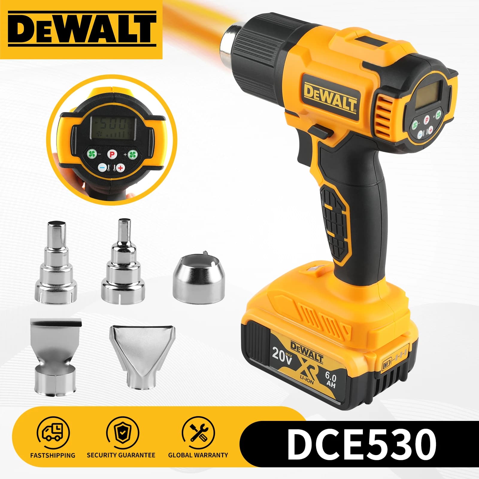 Pistola Termica a Batteria Dewalt DCE530 20V al Litio, 5 Ugelli, 2 Velocità per Rimozione Vernice, Saldatura e Ammorbidimento Adesivi