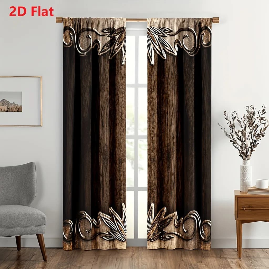 2D plane - 2D plane - 2-piece vintage curtains, 2D printed brown wooden house door country farmhouse cabin garage curtains, west
