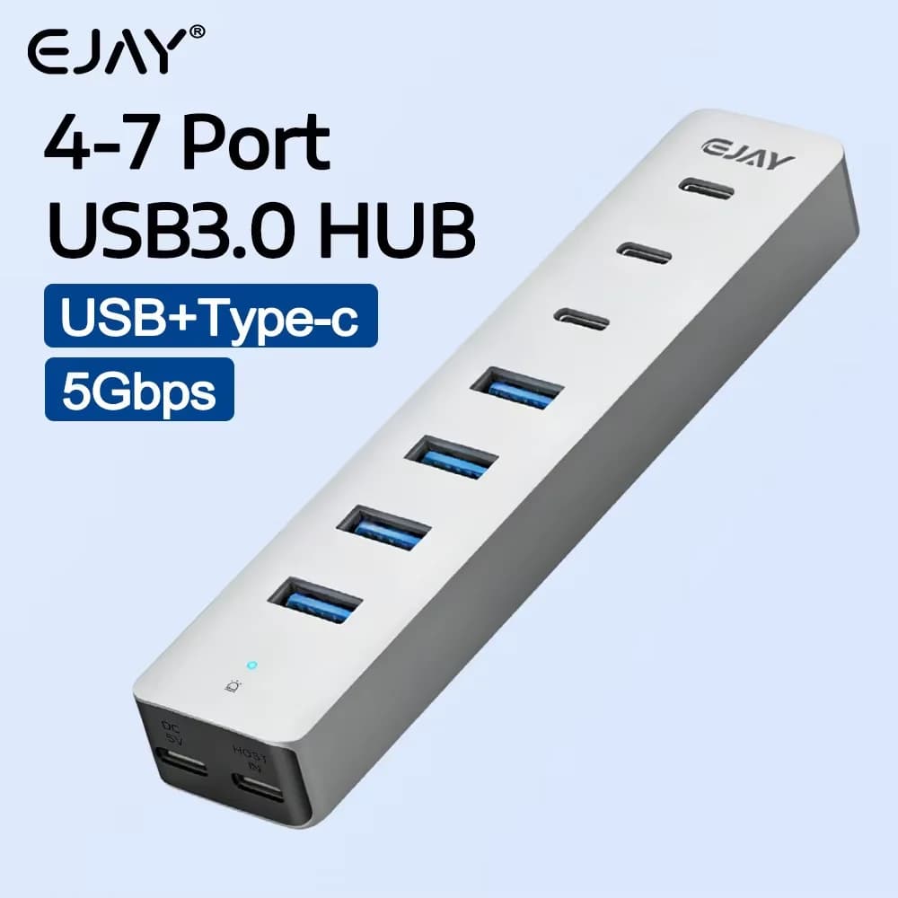 Hub USB3.0 EJAY a 4-7 Porte 5Gbps in Alluminio, Splitter USB-C con Porta di Alimentazione Extra, Estensore Multi-Porta per PC, Laptop e Mac