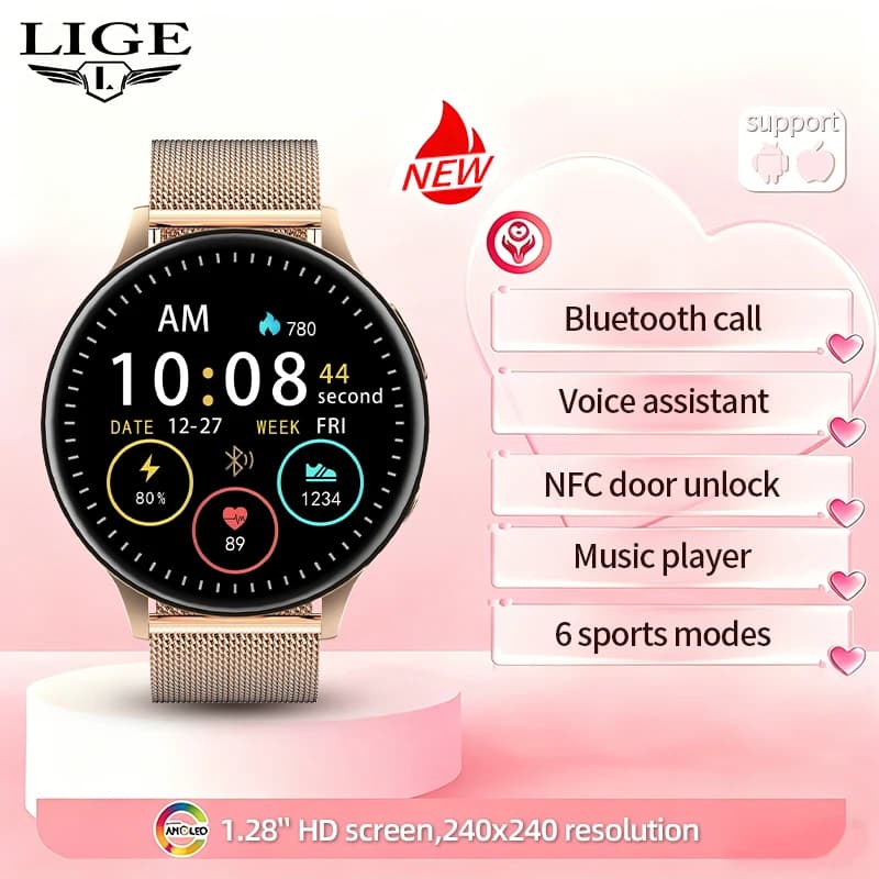 Smartwatch LIGE da donna con monitoraggio della frequenza cardiaca, NFC, sblocco porta, chiamate Bluetooth, musica, assistente vocale per Android e iOS 2026