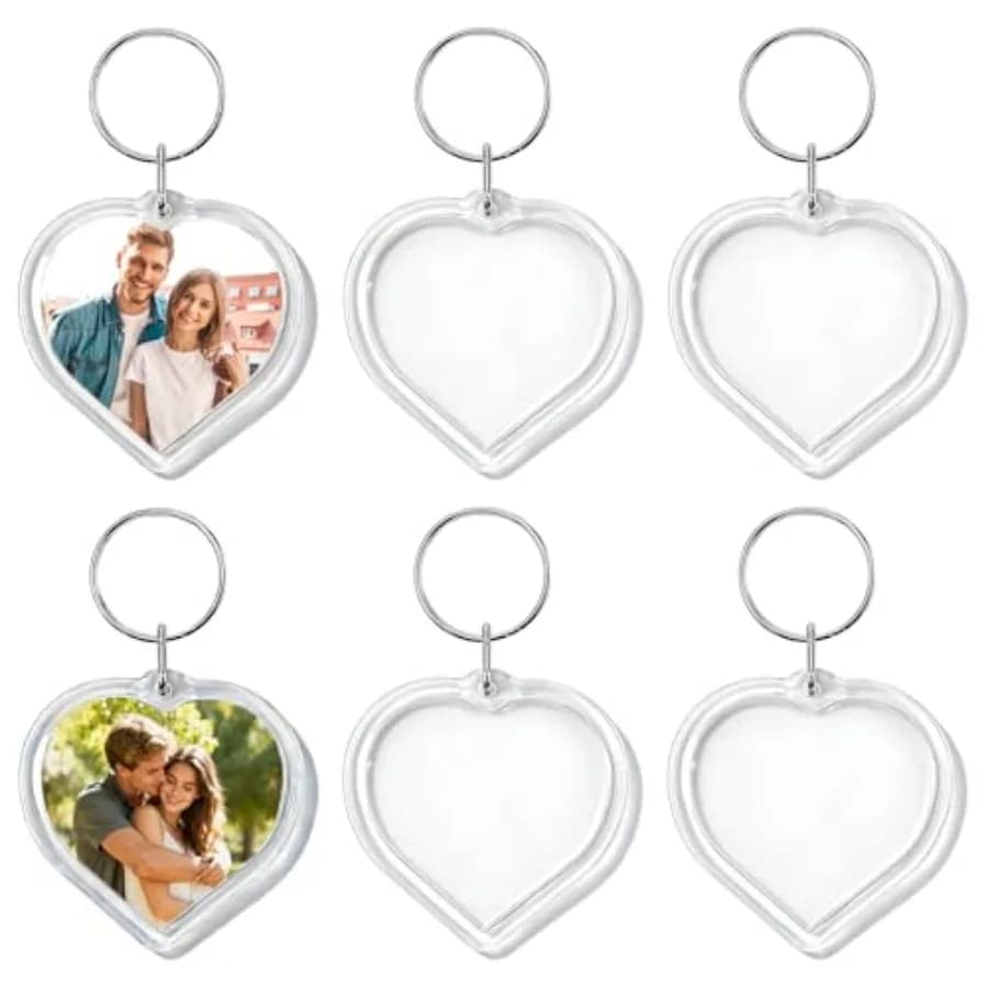 6-Pack Photo Keychain - Love Heart Acrylic Clear Keyrings Picture Frame Keychains - Double Sided Blank Photo Key Fob Holder wit