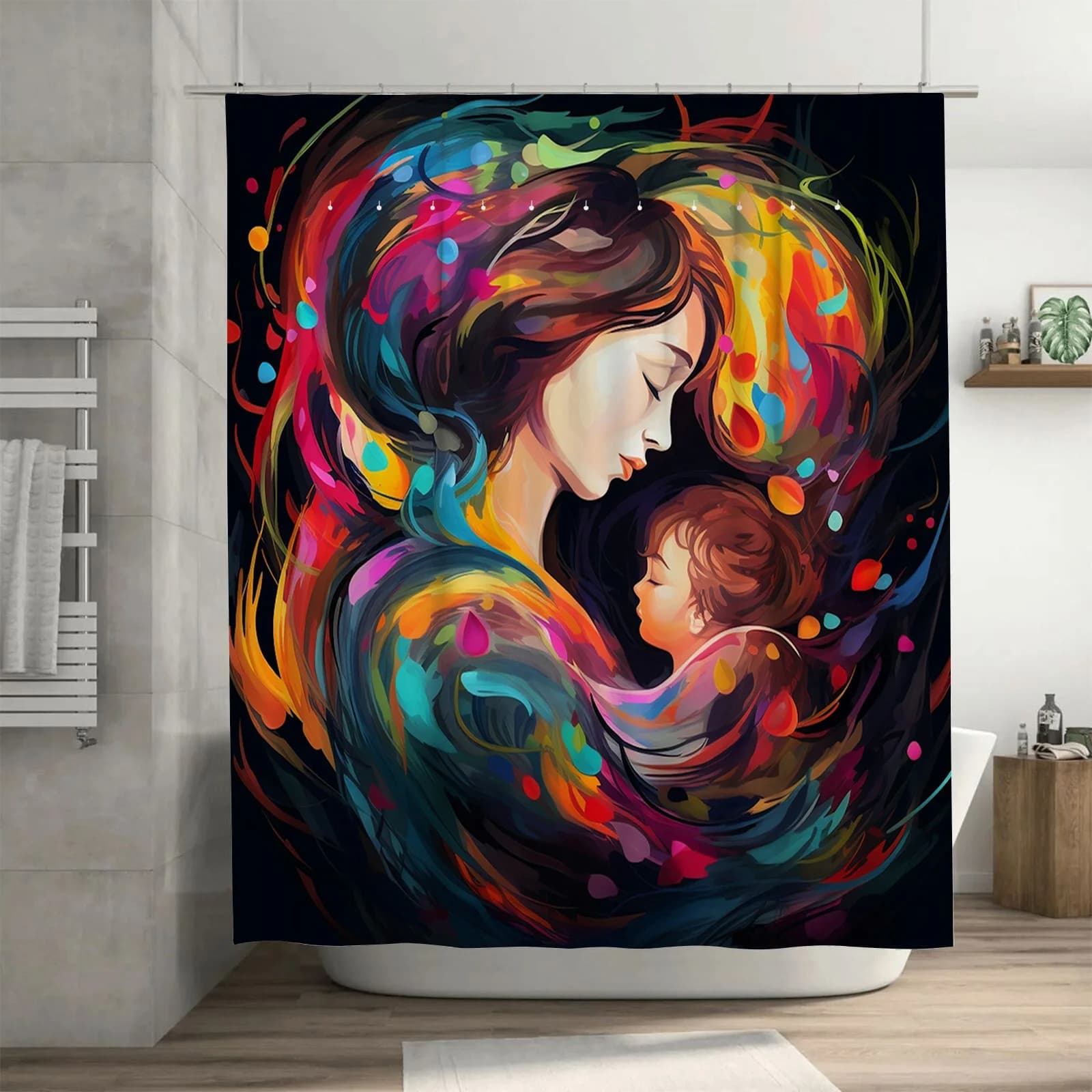 Tenda da doccia astratta vibrante per madre e bambino: impermeabile, resistente al muffa, lavabile in lavatrice per l'arredamento del bagno moderno