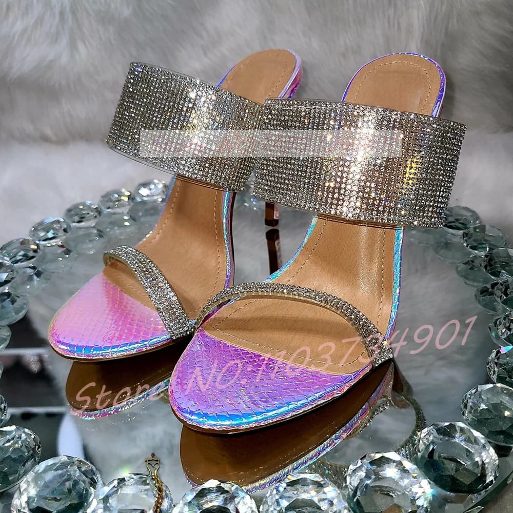 Mules con Tacco Trasparente Arcobaleno e Cristalli, Ciabatte da Donna con Motivo a Squame di Pesce, Mules Open Toe Sexy da Festa, Tacchi Alti, Ciabatte Plus Size