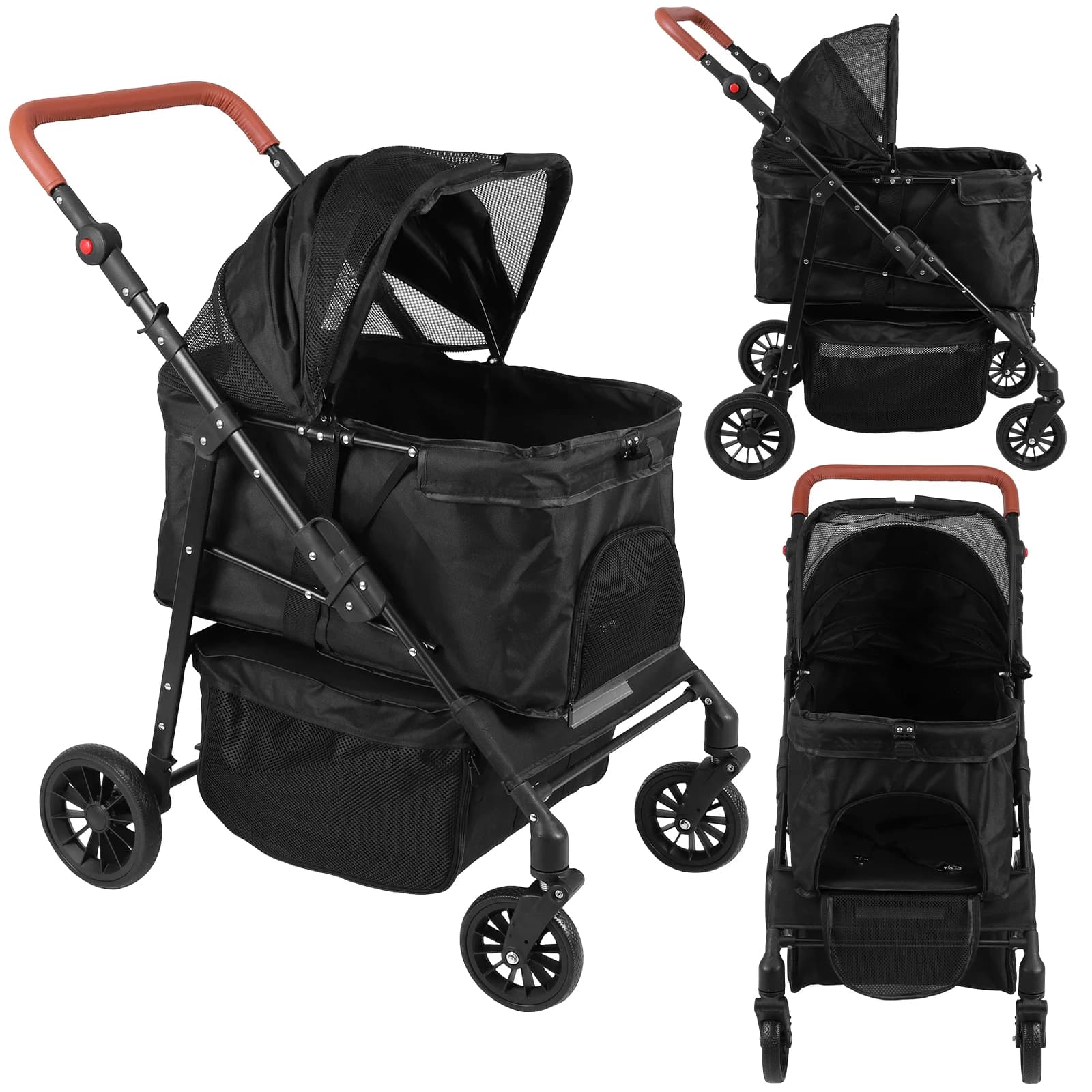 Passeggino per Animali Domestici con Ruote All-Terrain a 360 Gradi ° Carrello Pieghevole per Animali Domestici con Ruote, Cuscino Rimovibile e Strisce Riflettenti per Cani e Gatti di Piccola e Media Taglia