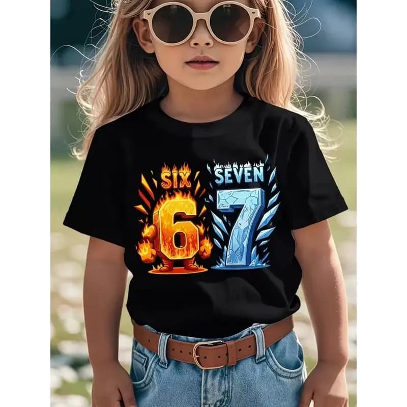 Kids Number 67 Graphic T-Shirt, Soft Cotton Crew Neck, Cool Fire Ice & Cyberpunk Style for Boys & Girlstk0065