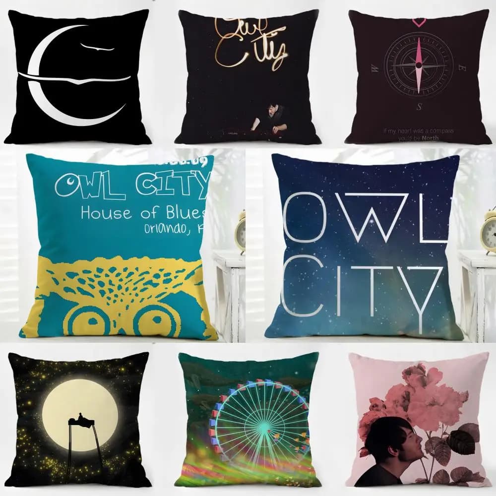 Simple Casual Dreamy Fresh O-Owl City Music Cushion Cover Washable Linen Pillowcase Soft for Daily Sofa Bed Home Room Decor