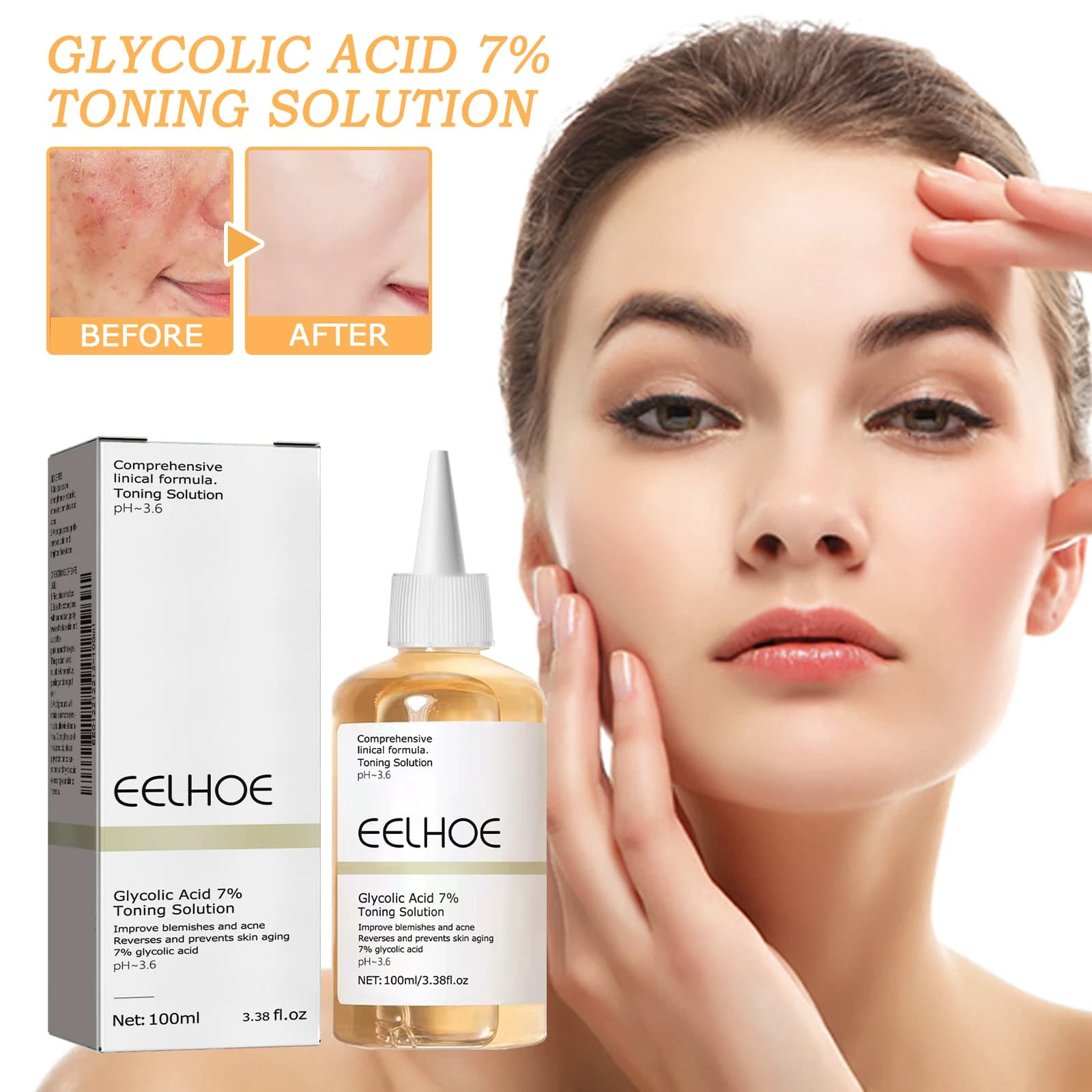 Soluzione toner all'acido glicolico al 7% Rimozione dell'acne ordinaria Lifting Rassodante Minimizzatore dei pori della pelle Schiarente Glowing Toner per la cura del viso