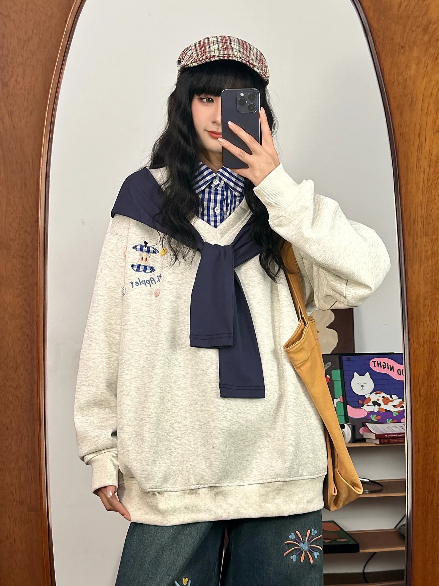 Felpa con Cappuccio Stile Americano Oversize con Collo Finto a Due Pezzi, Nuovo Design Autunnale da Donna, Top Street Style a Maniche Lunghe in Cotone Poliestere