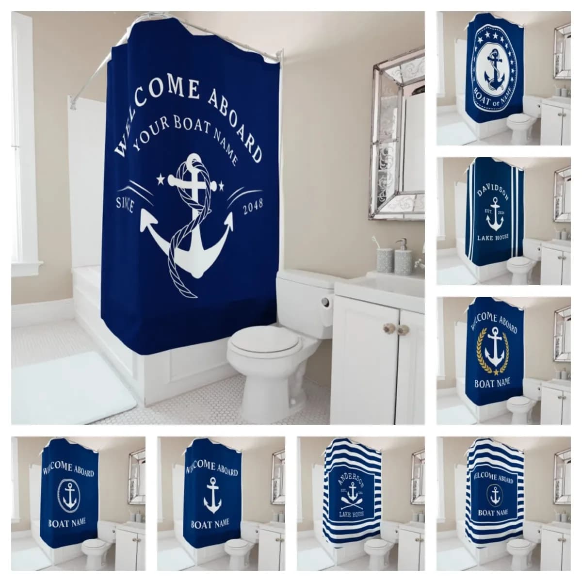 Nome della barca personalizzato tenda da doccia tessuto impermeabile ancoraggio nautico tema decorazione del bagno regalo personalizzato per la casa marina