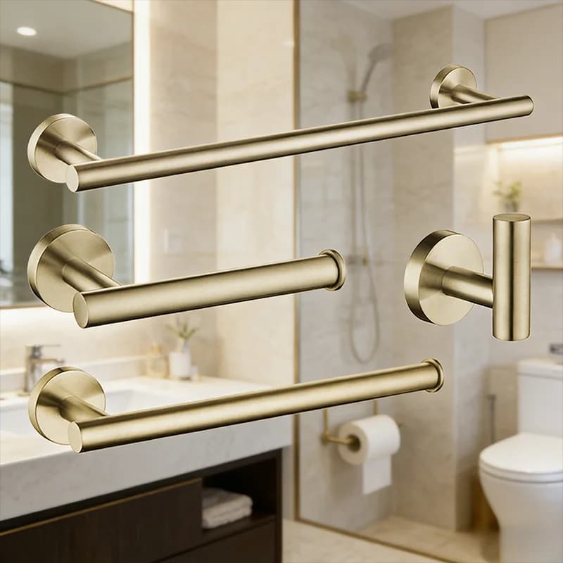 Set di Accessori Bagno Oro Spazzolato 4 Pezzi in Acciaio Inossidabile: Porta Carta Igienica e Porta Asciugamani - Hardware Bagno Moderno di Lusso