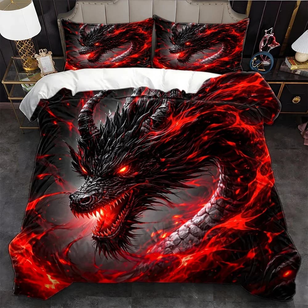 3Pc Dark Dragon Theme Duvet Cover Set, Three-Piece Bedding Set (1 Duvet Cover + 2 Pillowcases), Suitable for All Seasons, Machine Washable, Invisible Zipper Design, Large Double Bed Cover Set, Suitable for Home, Dormitory, Master Bedroom, Guest Room, Personalized Cool Print Bedding, Three-Piece Bedding Set, Trendy Dark Style Bedding Set, Comfortable and Skin-Friendly Bedroom Bedding Set, 2D Flat Print