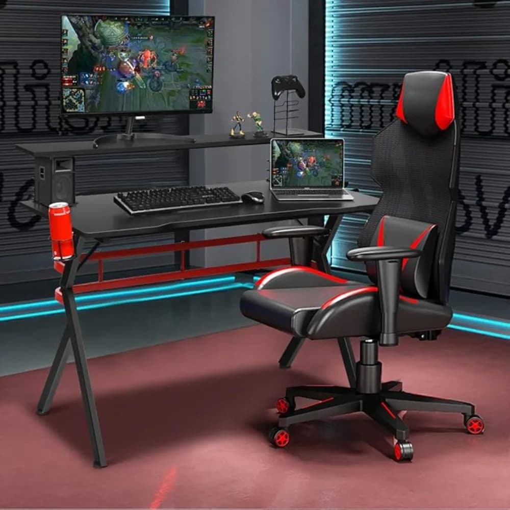 Gaming Desk, Proional Gamer Workstation with Cup Holder, pe Hook, Handle Rack, Ergonomic PC Gaming Table with Monitor Stand, E S