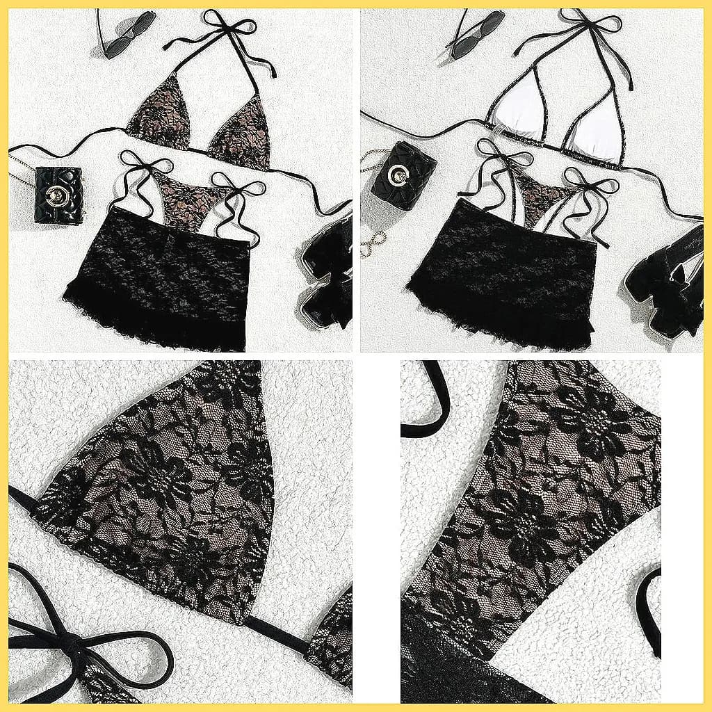 Sexy Bikini Brasiliano a 3 Pezzi, Costume da Bagno con Finiture in Pizzo per Donne, Abbigliamento da Spiaggia e Piscina