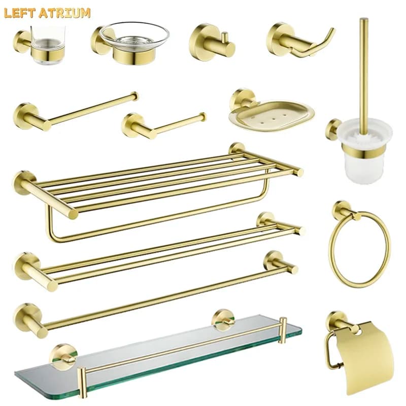 Brushed Gold Bathroom Accessories Towel Rack Toilet Brush Roll Paper Holder Towel Bar Hook Soap Dish Bathrom Hardware Wall Shelf