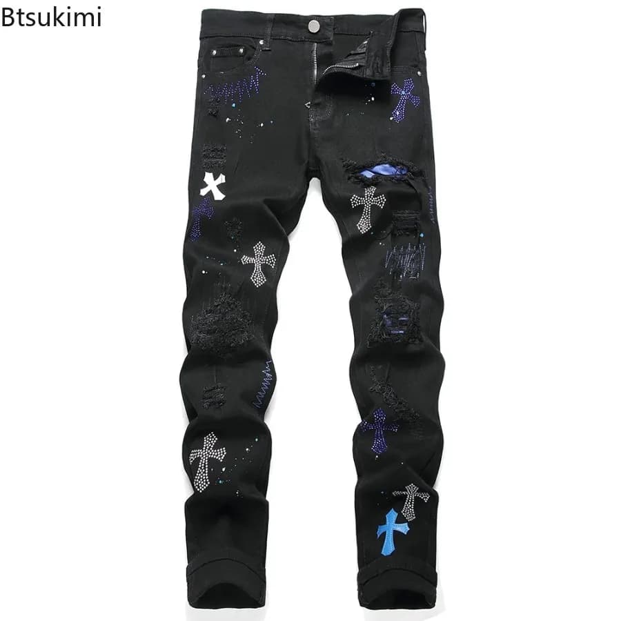 2026 New Men's Fashion Crystal Cross Stretch Denim Jeans Holes Ripped Distressed Black Pants Embroidery Slim Tapered Trousers