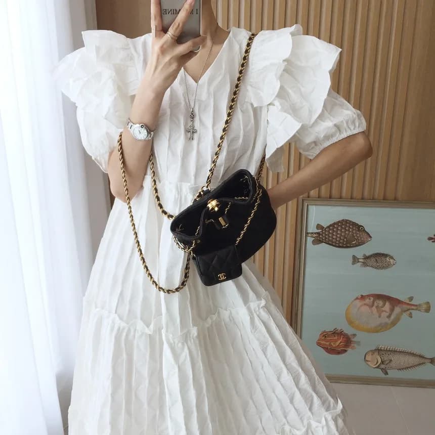 Retro Style Summer Chic Women's Dress with Lace Trim V-Neck Loose Fit Short Sleeve Bubble Sleeve Cotton Gauze Pressed Pattern