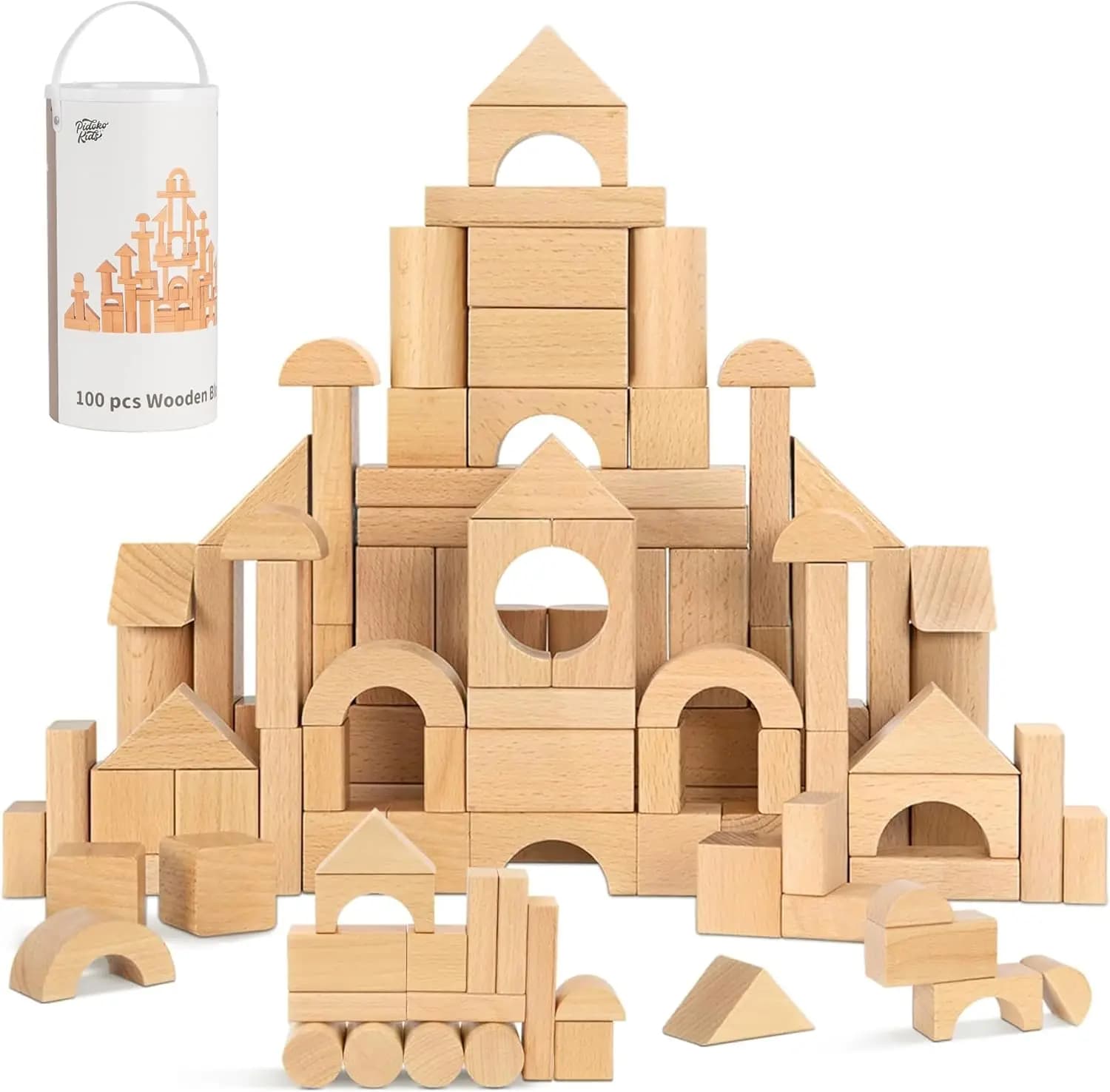 100 Pezzi Blocchi di Costruzione in Legno Naturale per Bambini 1-3 Anni con Secchio Portaoggetti e Coperchio con Incastri, Giocattoli Educativi Montessori