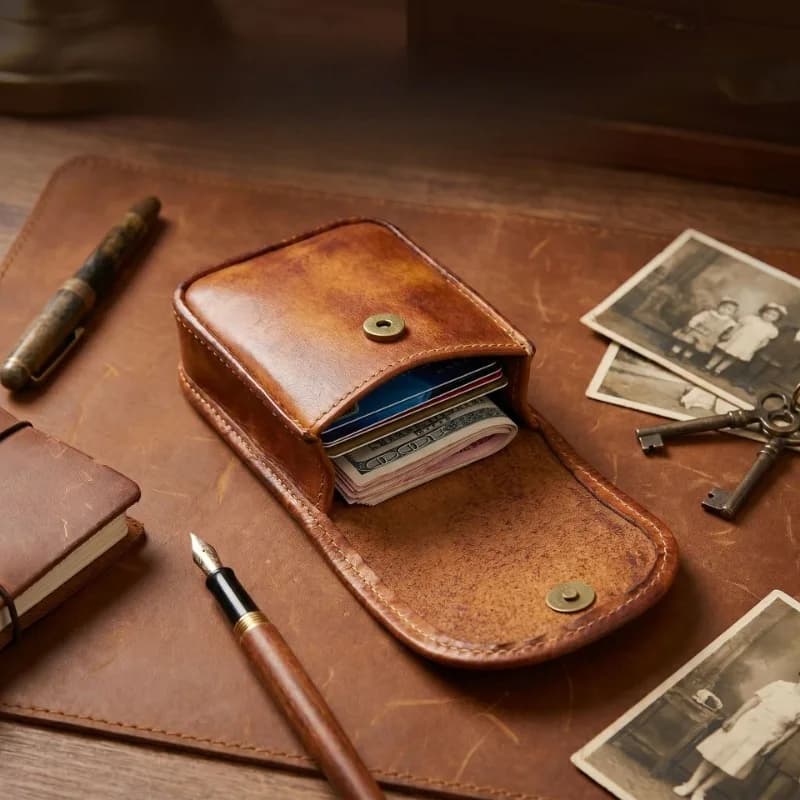 Genuine Leather Cigarette Case with Belt Loop, Vintage Leather Waist Bag Pouch for Cigarettes, Lighter, Cards & Cash for Men