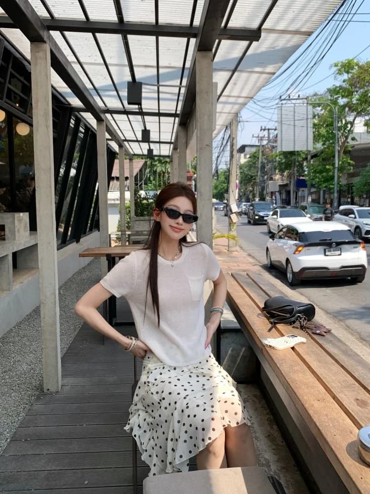 Sweet Half-length Back Split Short-sleeve Women's Knitted Set Summer Polka Dot High-waist Skirt Two-piece Fashion Ensemble