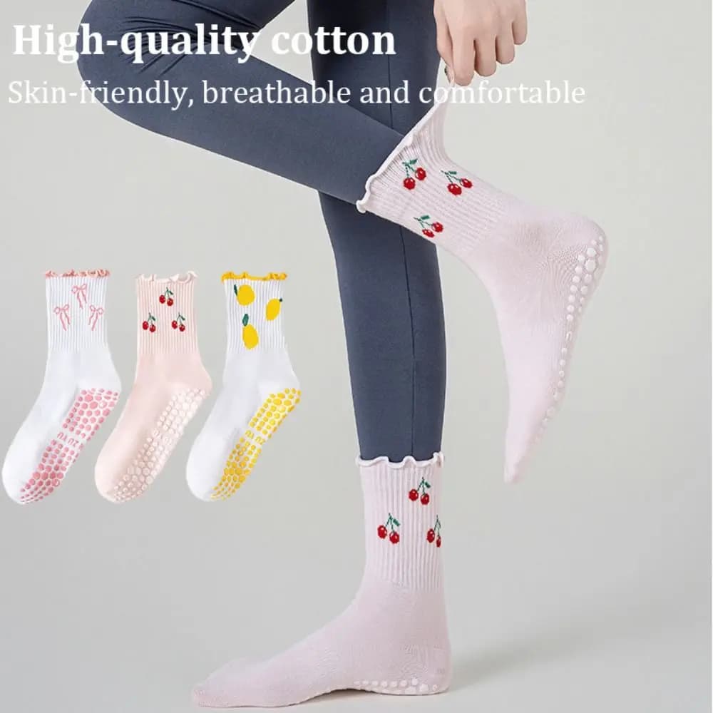 New Non-Slip Grip Pilates Socks Cotton Breathable Yoga Socks Embroidered High-elastic Mid Tube Socks for Women