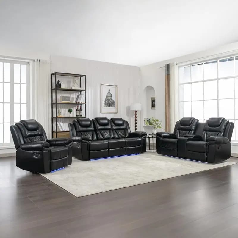 Set di divani reclinabili in 3 pezzi, sedili per home theater, sedie reclinabili manuali con console centrale e striscia luminosa a LED per soggiorno
