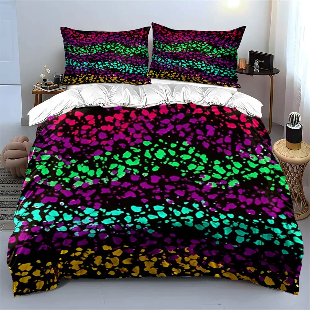 Set di biancheria da letto in pietra multicolore da 3 pezzi, base nera con stampa a pois irregolari, copripiumino, federe, King Queen, regalo