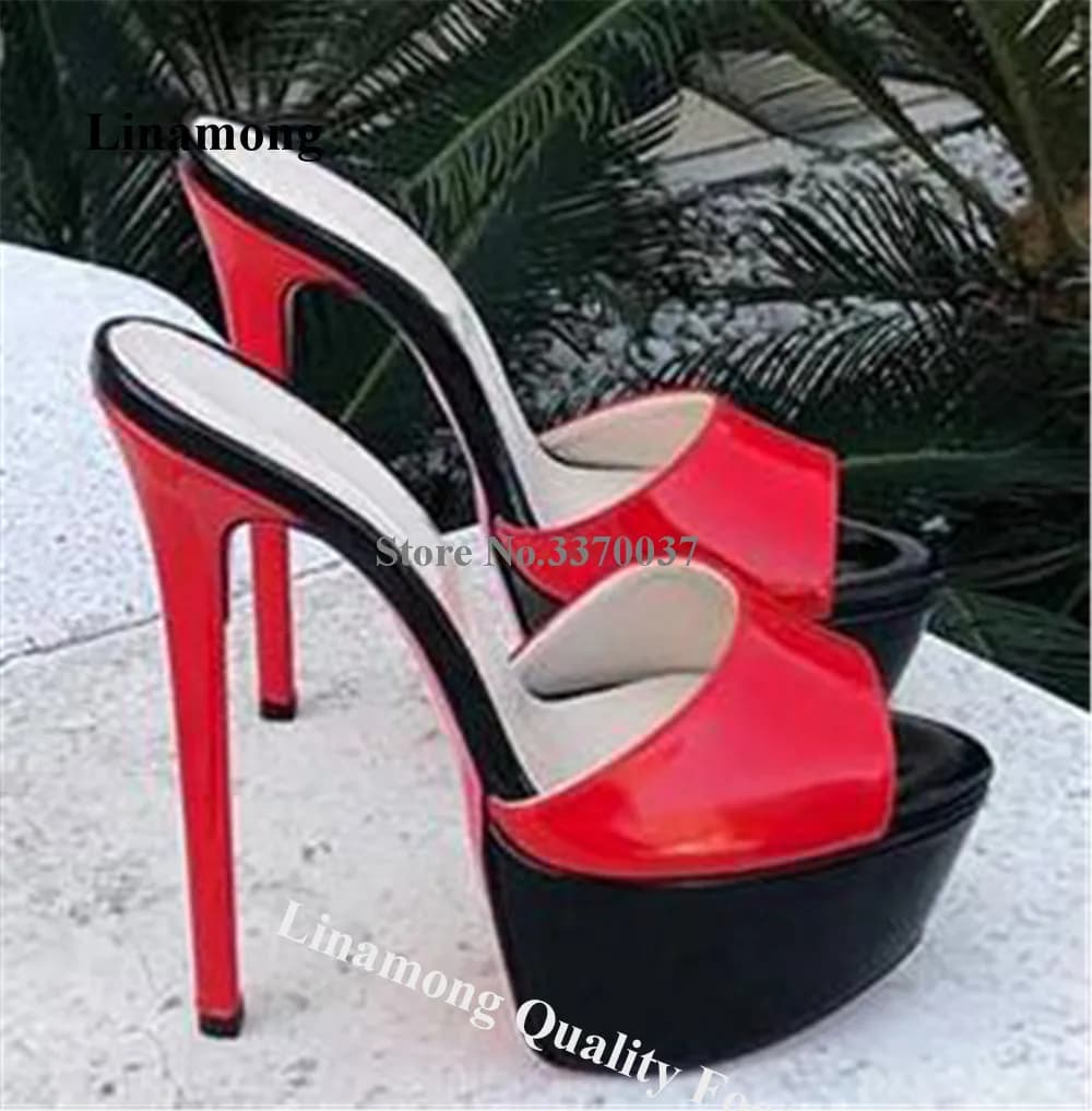 Linamong New Patchwork Stiletto Heel Slippers Peep Toe Red White Pink High Platform Thin Heel Party Heels Big Size Sandals
