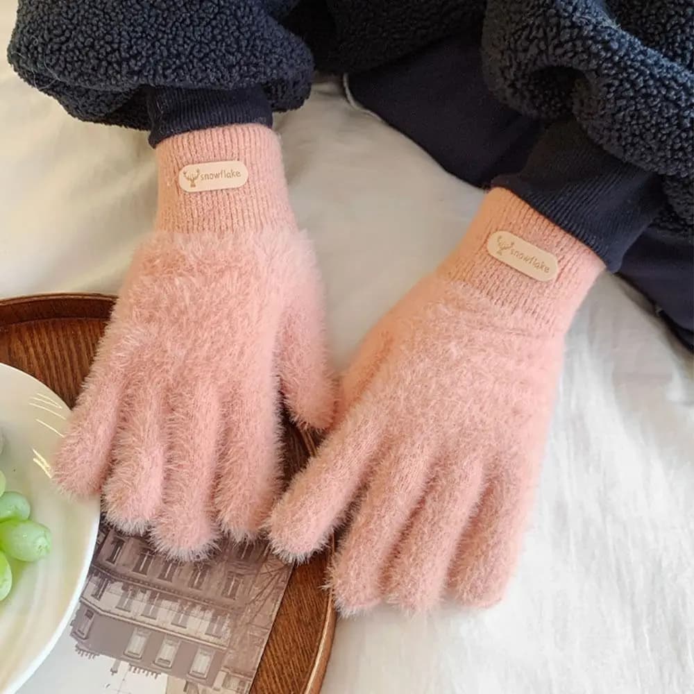 Cute Thickened Furry Gloves Solid Color Warm Knitted Gloves Windproof Cold-proof Mink Velvet Gloves Outdoor Cycling Driving