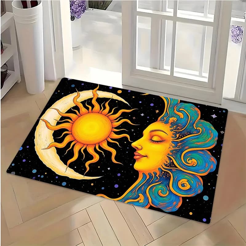 Tappetino Bohemien Dea Celeste per Interni ed Esterni, Tappeto d'Ingresso Sole Luna Boho Yoga Decor 40x60cm