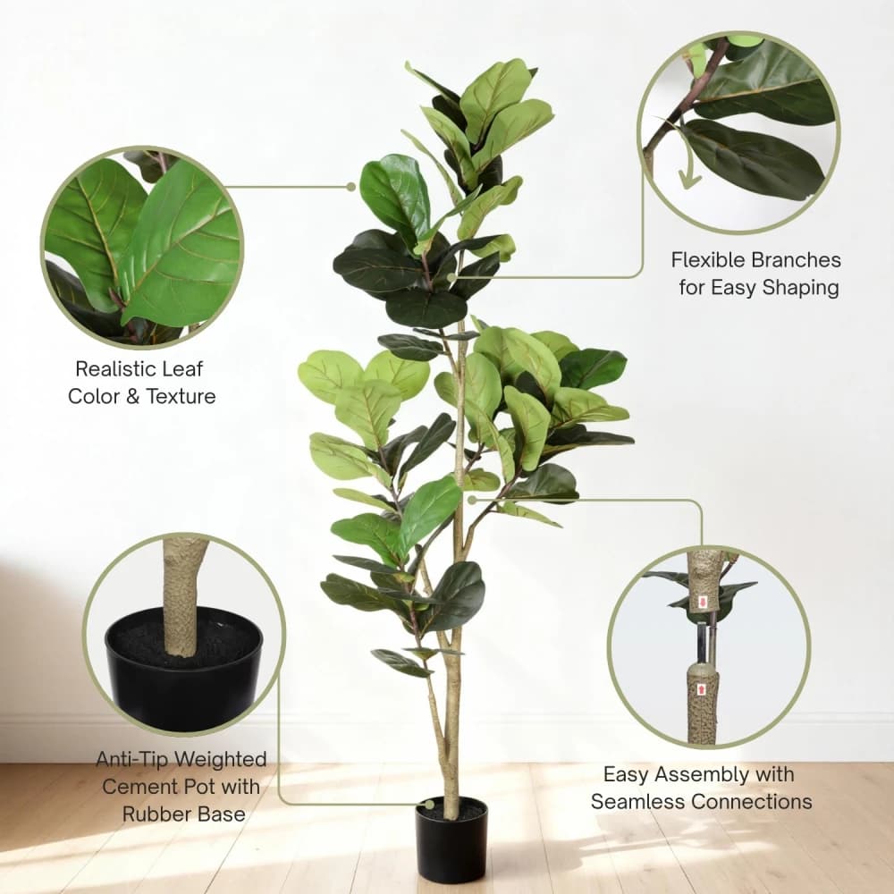 1.8 Meters Artificial Lyrata Ficus Tree, Realistic Fin Plant in Black Plastic Vase for Home Decoration, Office and Living Room