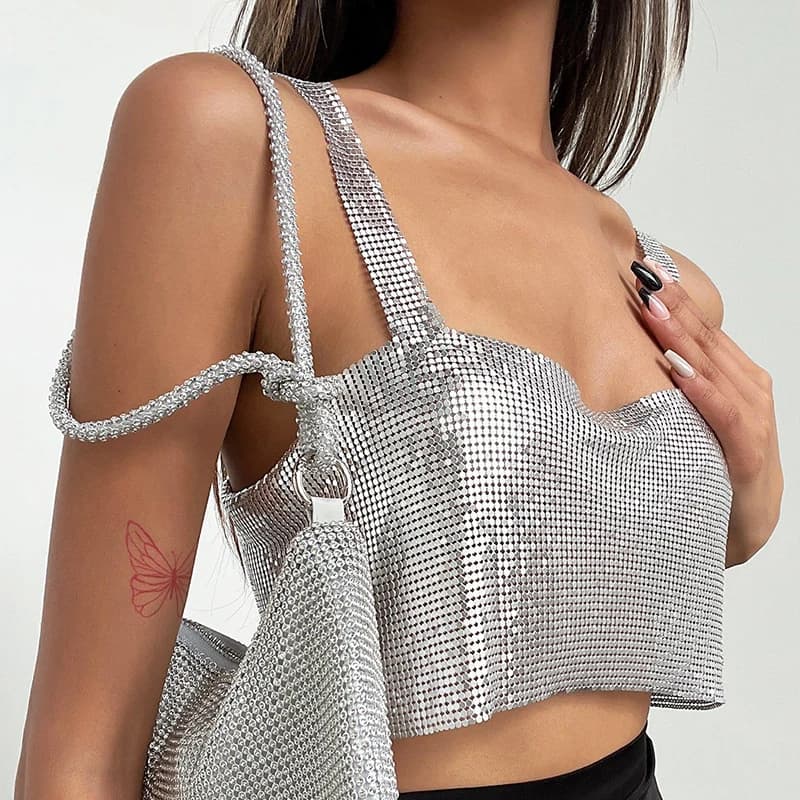 Top corto da festa con paillettes metallizzate scintillanti y2k Top corto con spalline senza schienale e canotta per festival rave da donna