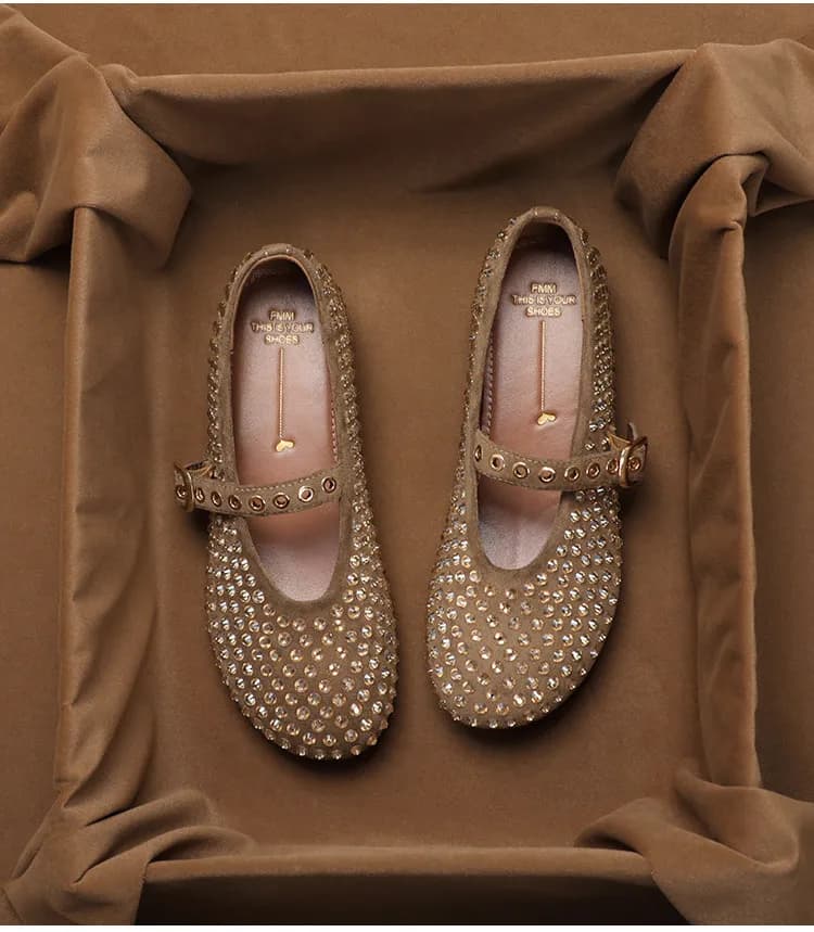 SHOEBOX Vintage Mary Jane shoes with rhinestones for women's summer collection, flat bottomed retro French soft soled single