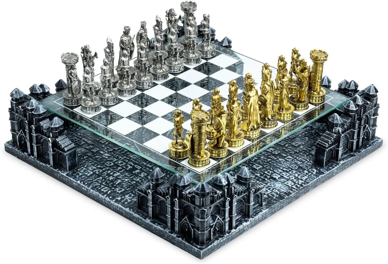 Set di Scacchi 3D, Cavaliere Rinascimentale, Pezzi in Metallo, Scacchiera in Vetro, Base in Poliresina
