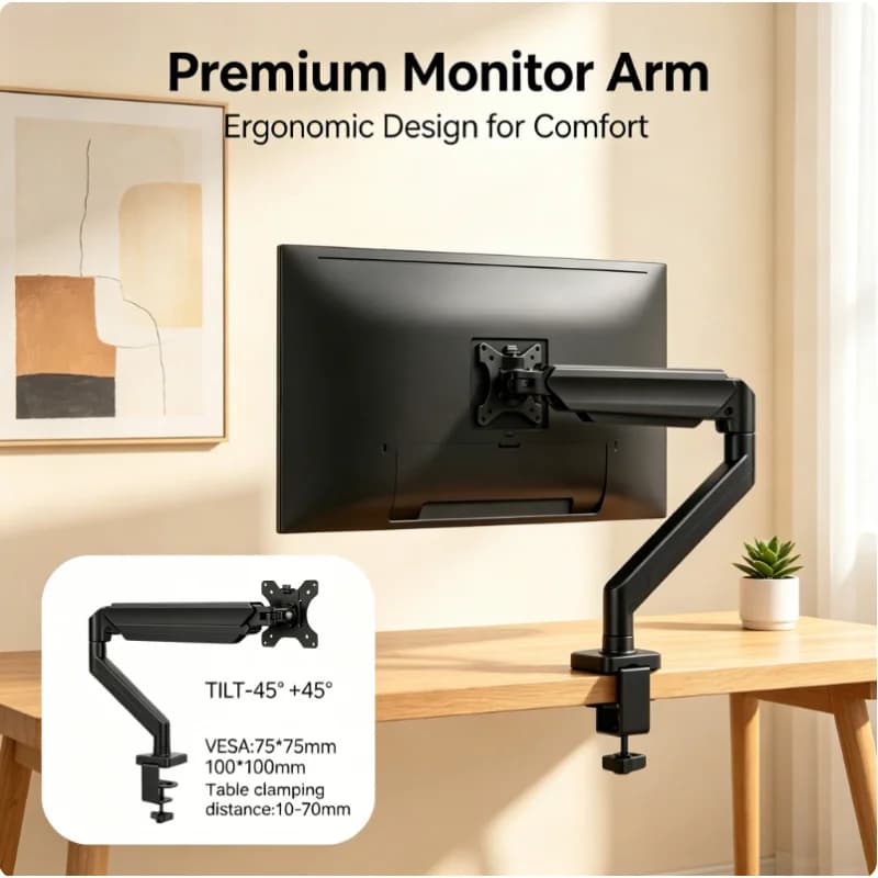 Supporto Ergonomico per Monitor Singolo 14-32 Pollici, Regolabile in Altezza, con Morsetto a C e Supporto per il Collo, per Scrivania da Gaming