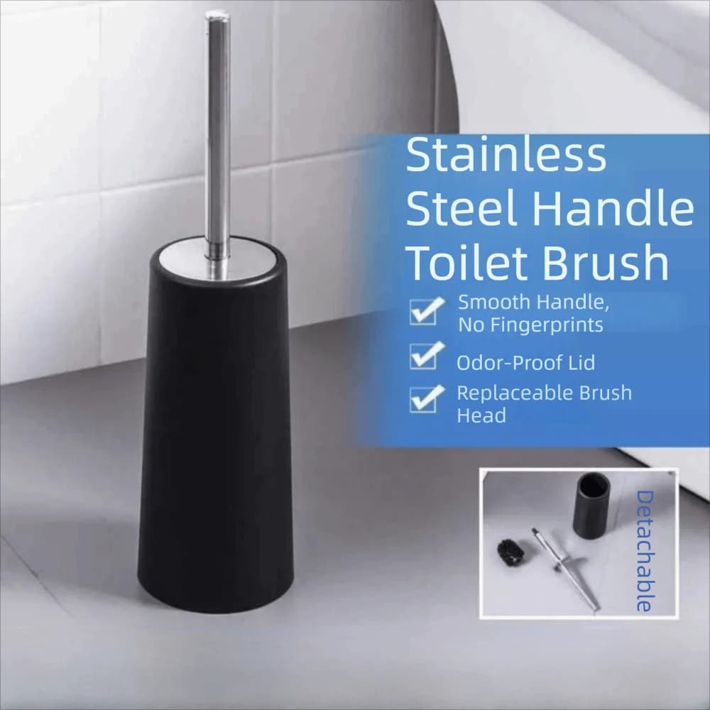 Set Spazzola per WC in Acciaio Inox con Supporto, Protezione Anti-Schizzi, Pulizia Profonda, Testa Sostituibile con Setole Morbide