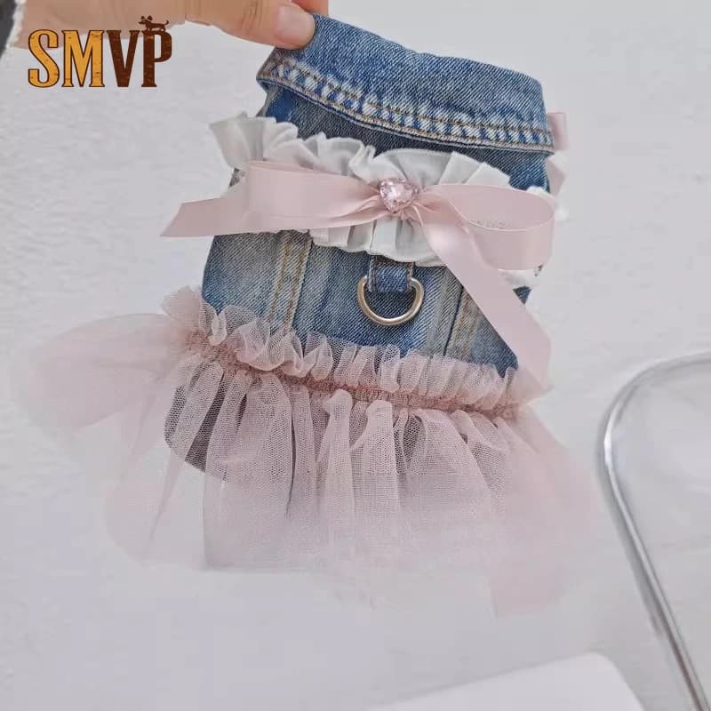 Nuovo Vestito Principessa in Denim Morbido con Inserti in Pizzo per Cani e Gatti, Ideale per Primavera e Autunno, con Cordino Regolabile