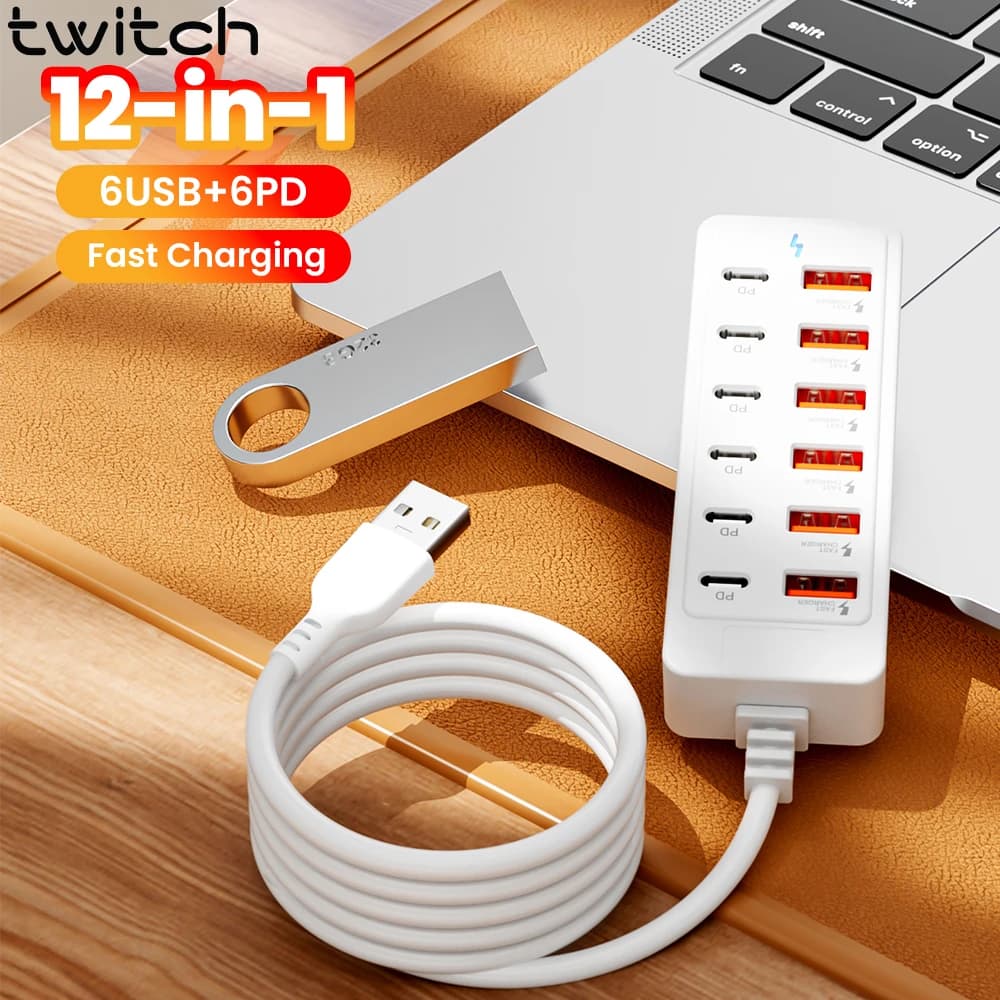 12 in 1 USB Charger Fast Charging 6USB 6 PD High Speed Data Transfer Power Strip Desktop Charging Station USB HUB Adapter Socket